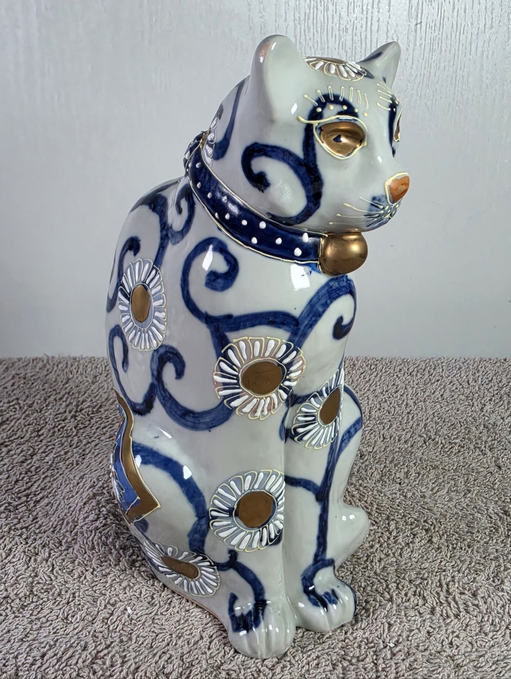 Decorative White and Blue Kutani Porcelain Cat Figurine with Gold Accents